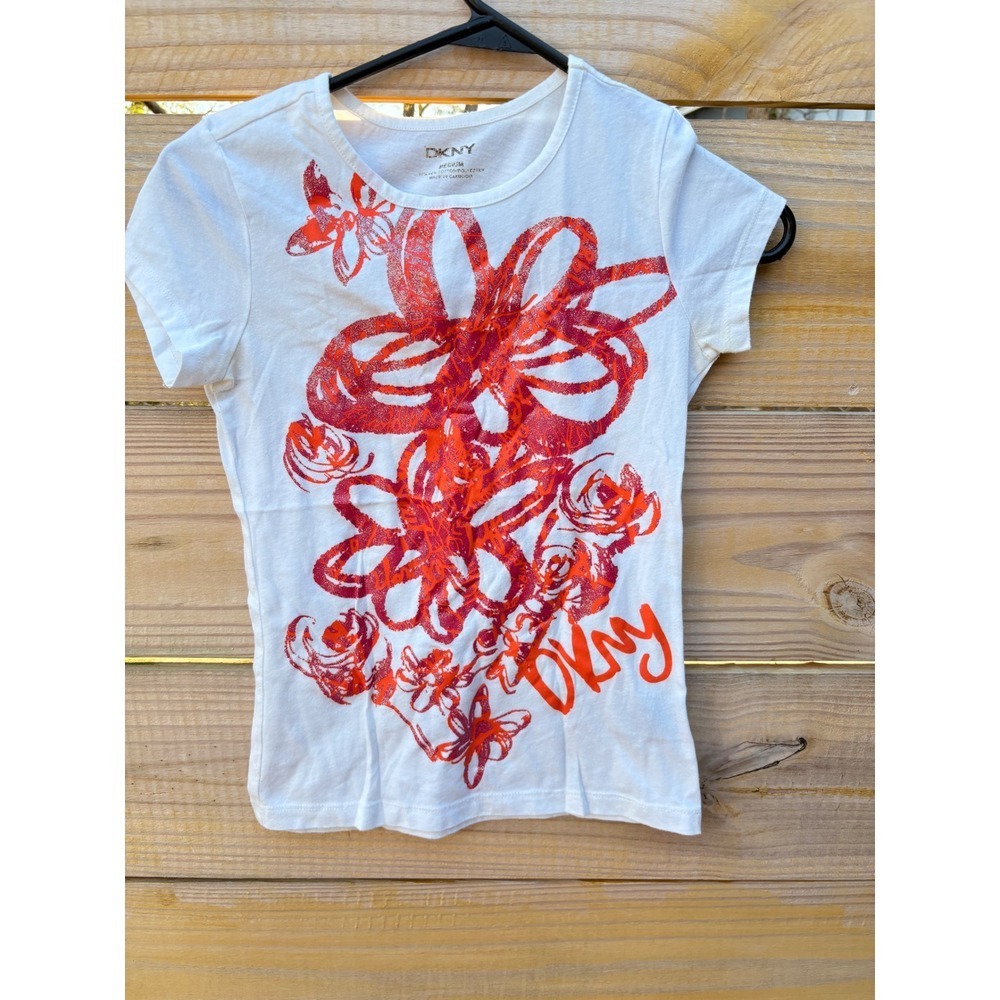 DKNY Womens White Red Orange Glitter Floral Graphic Tee Shirt Medium Slim Fit